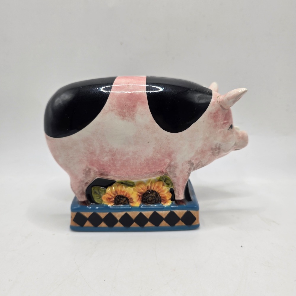 Certified International Pig Napkin Holder Pink Black Sunflower Farmhouse Mink